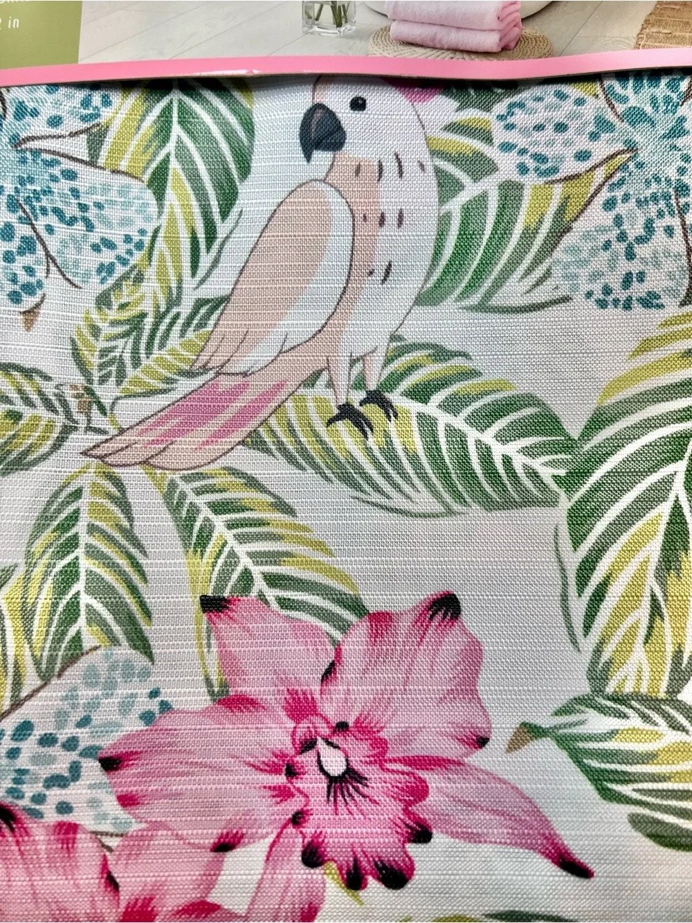 Tropical Parrots Fabric Shower Curtain Pink Blue Green Flowers Leaves Birds